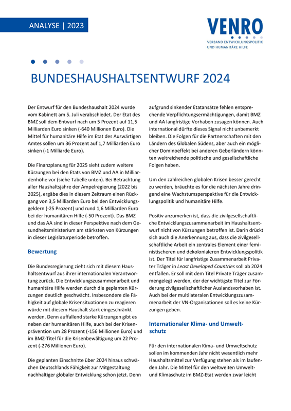 VENRO ANALYSE | Bundeshaushaltsentwurf 2024