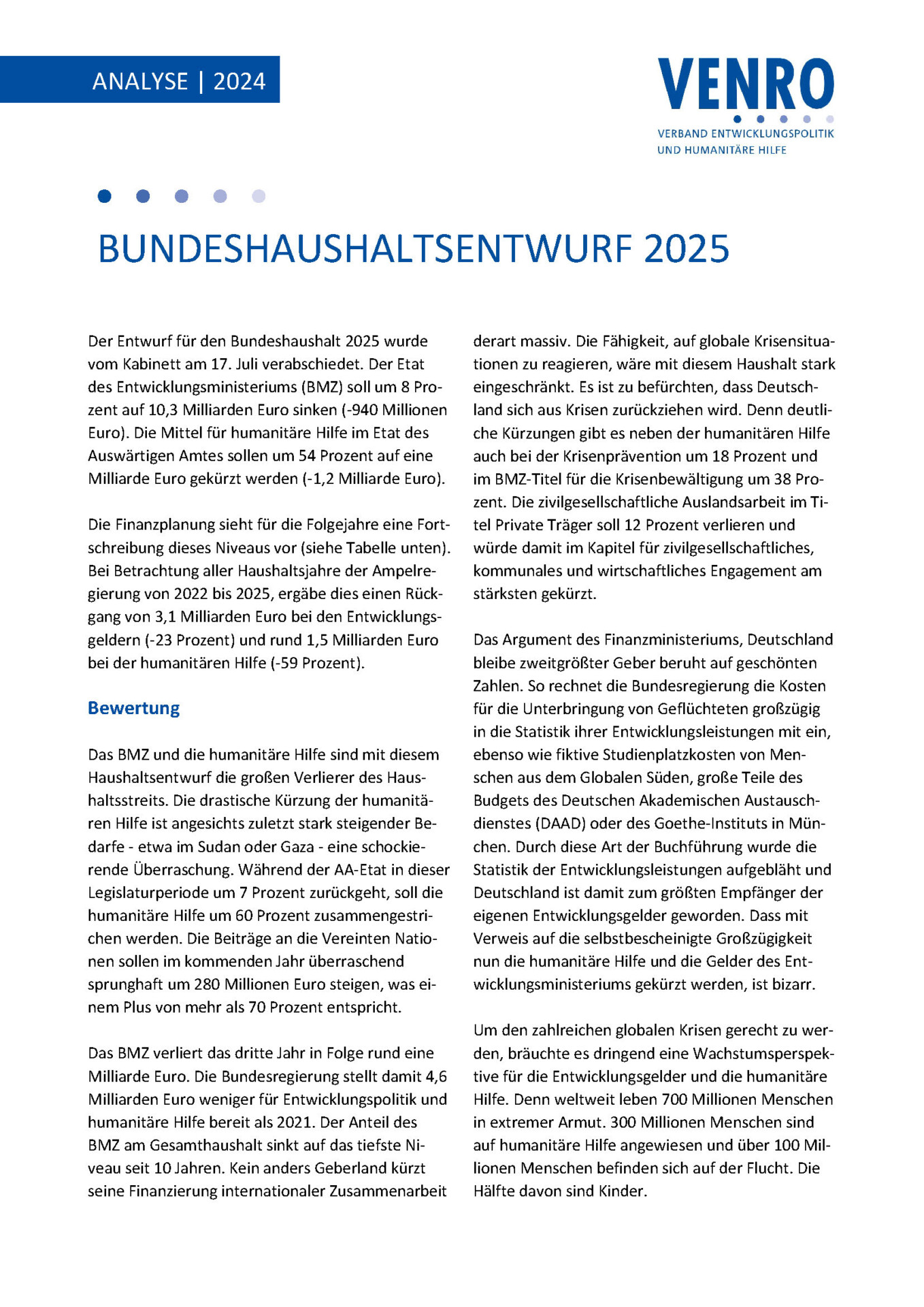 VENRO | Analyse Bundeshaushaltsentwurf 2025