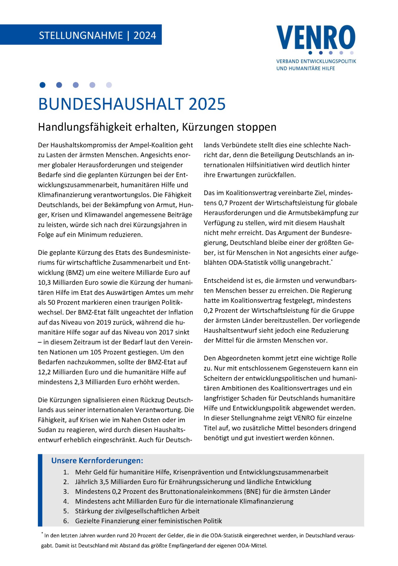 VENRO | Stellungnahme zum Bundeshaushaltsentwurf 2025